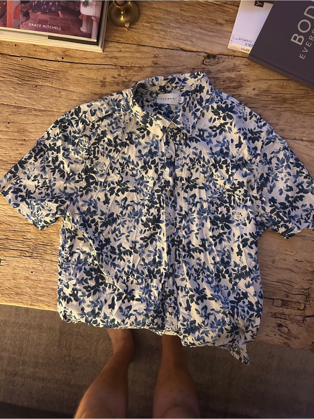 Topman White and Blue Leaf-Print Short Sleeve Button-Down Shirt
